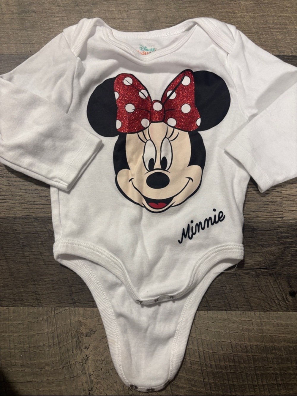 Disney White Minnie Mouse Bodysuit with Red Glitter Bow